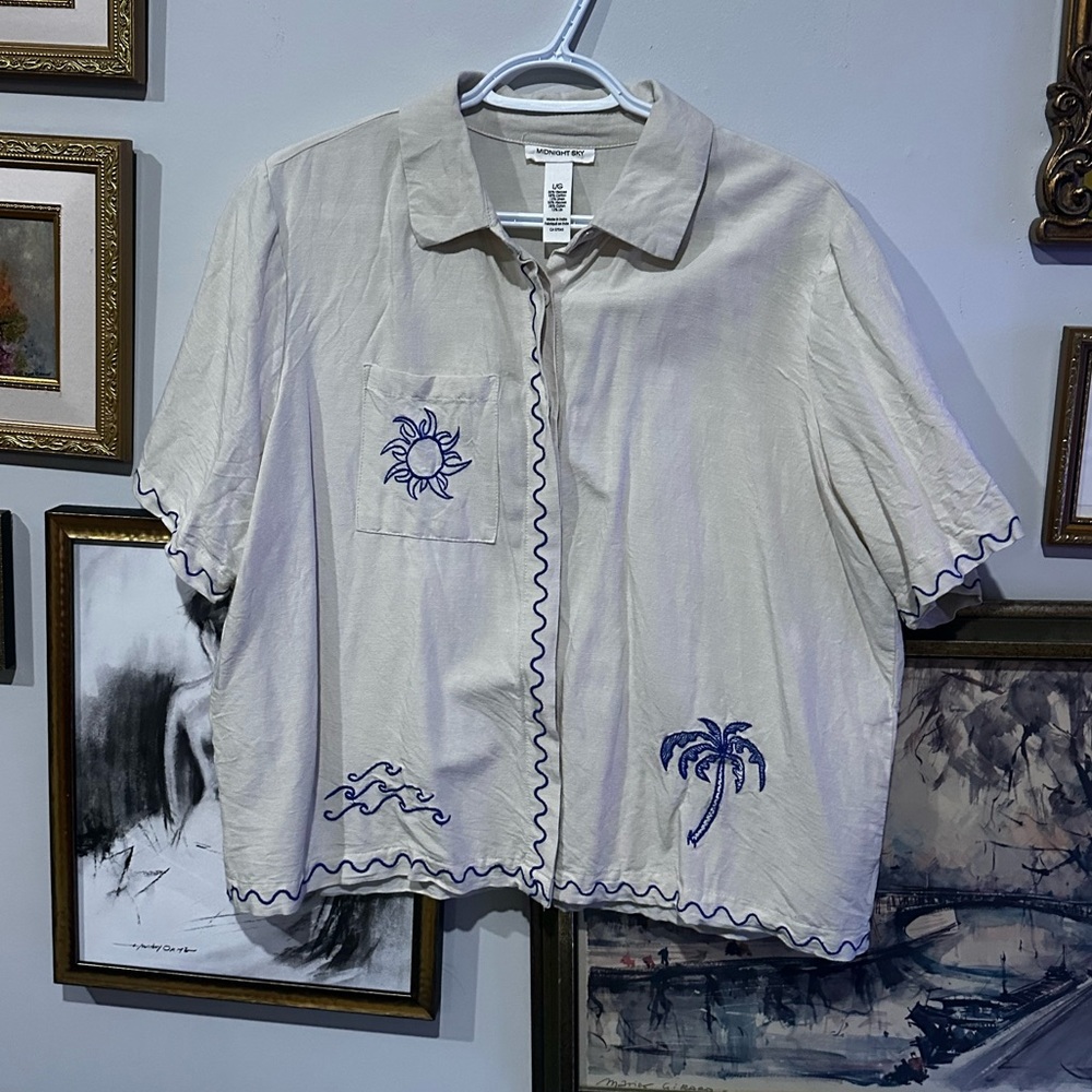 Beige Shirt with Blue Embroidery